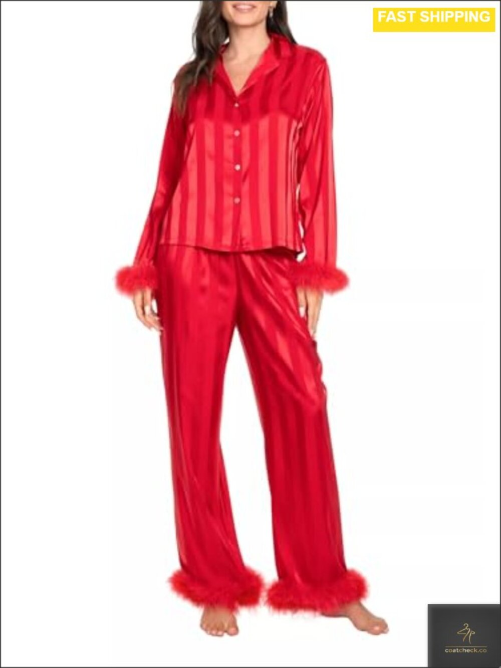 Feather Trim Silk Button Down Pajama Set with Fur Patchwork Lounge